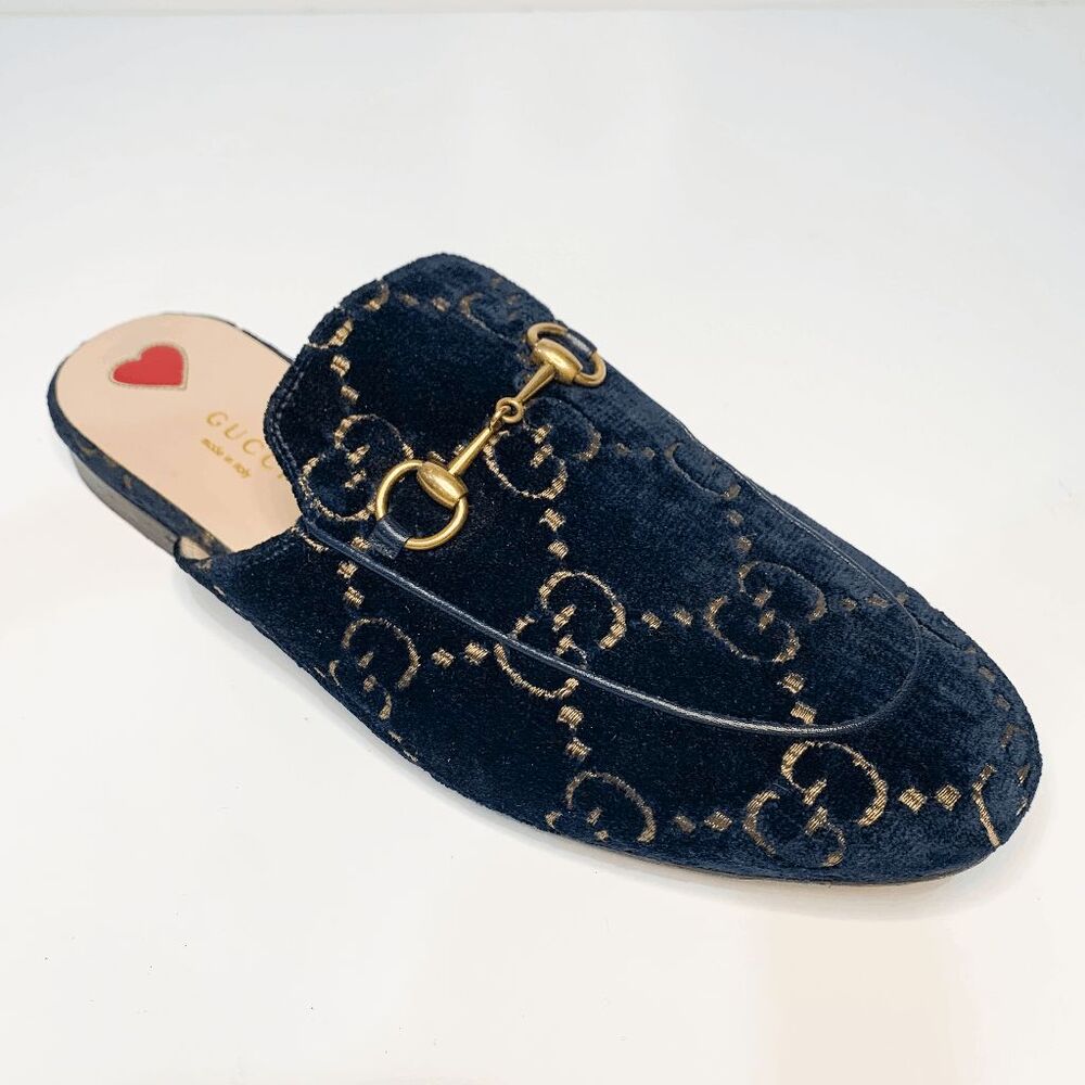 SOLD Gucci Princetown Horsebit Mules Navy Blue GG Logo Velvet Flat Loafers